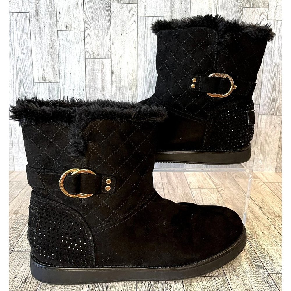 GUESS Black Suede/Faux Fur Rhinestone Boots with Gold Buckle, Women Sz 10 EUC
